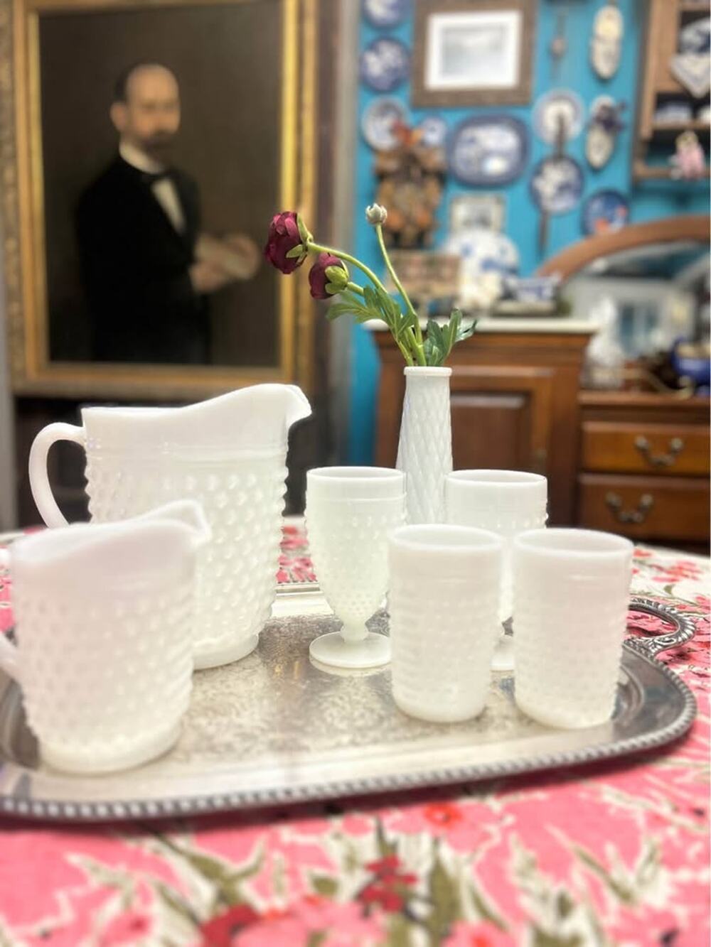 Vintage Milk Glass Hobnail Beverage Set